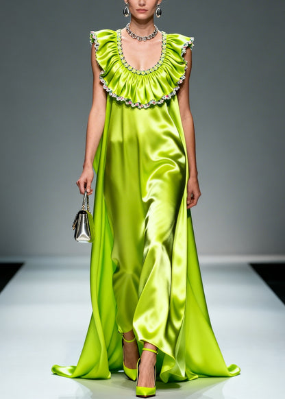 Bohemian Fluorescent Green Ruffled Exra Large Hem Silk Maxi Dresses Sleeveless