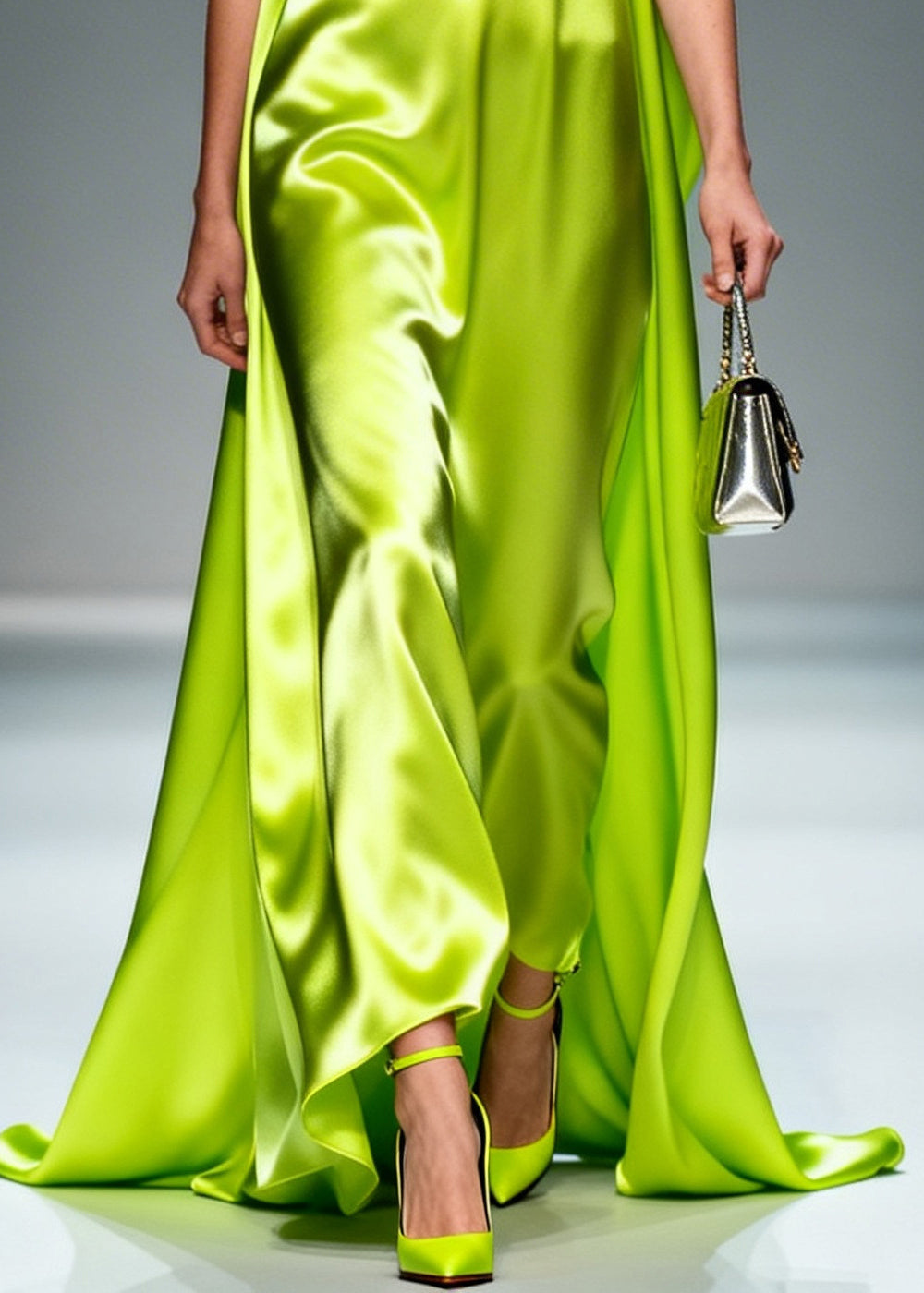 Bohemian Fluorescent Green Ruffled Exra Large Hem Silk Maxi Dresses Sleeveless