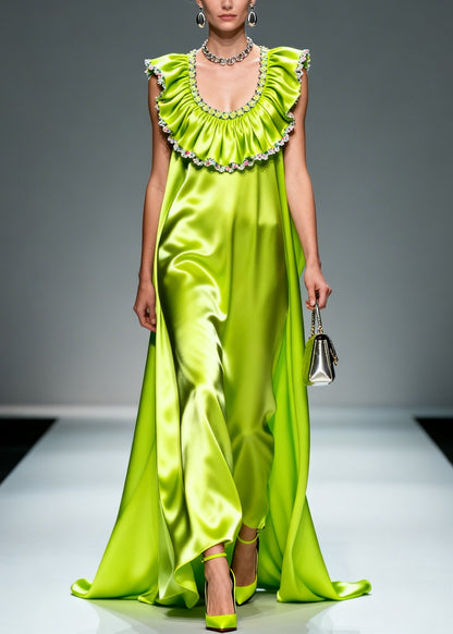 Bohemian Fluorescent Green Ruffled Exra Large Hem Silk Maxi Dresses Sleeveless