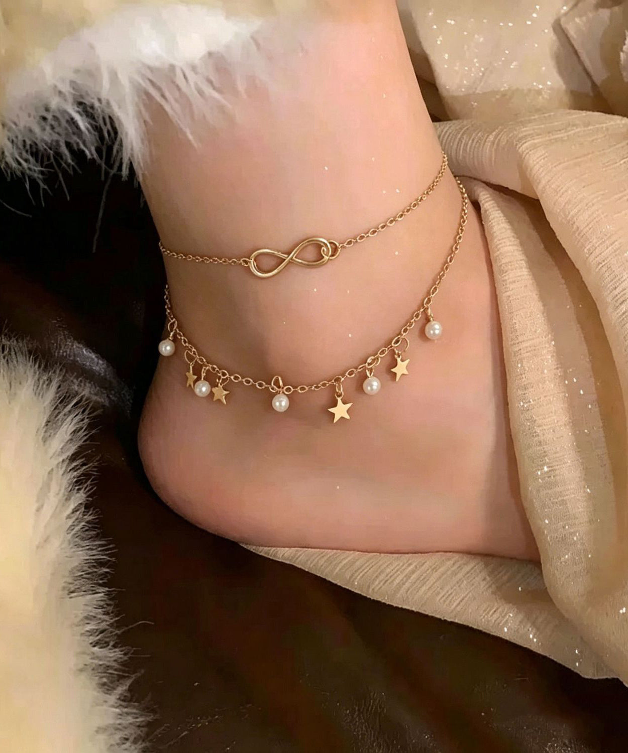 Bohemian Gold Copper Overgild Double-Layer Five-Pointed Star Tassel Anklets