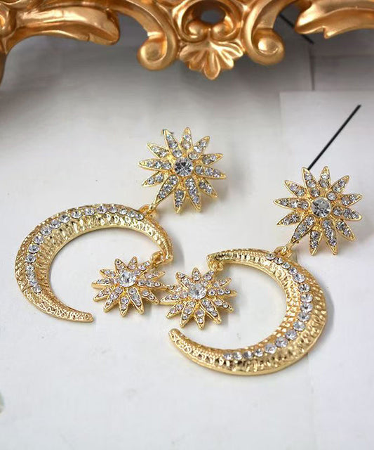 Bohemian Gold Metal Overgild Zircon Star Moon Drop Earrings
