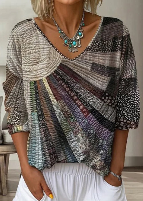 Bohemian Gold V Neck Print Cotton T Shirt Bracelet Sleeve