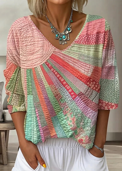 Bohemian Gold V Neck Print Cotton T Shirt Bracelet Sleeve