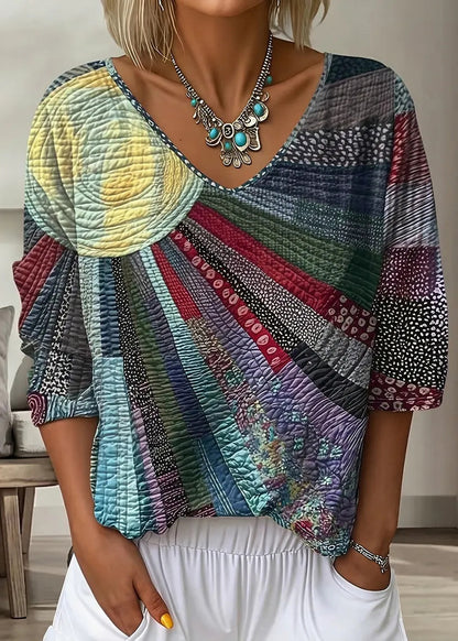 Bohemian Gold V Neck Print Cotton T Shirt Bracelet Sleeve