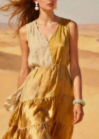 Bohemian Golden Asymmetrical Patchwork Exra Large Hem Chiffon Long Dress Summer
