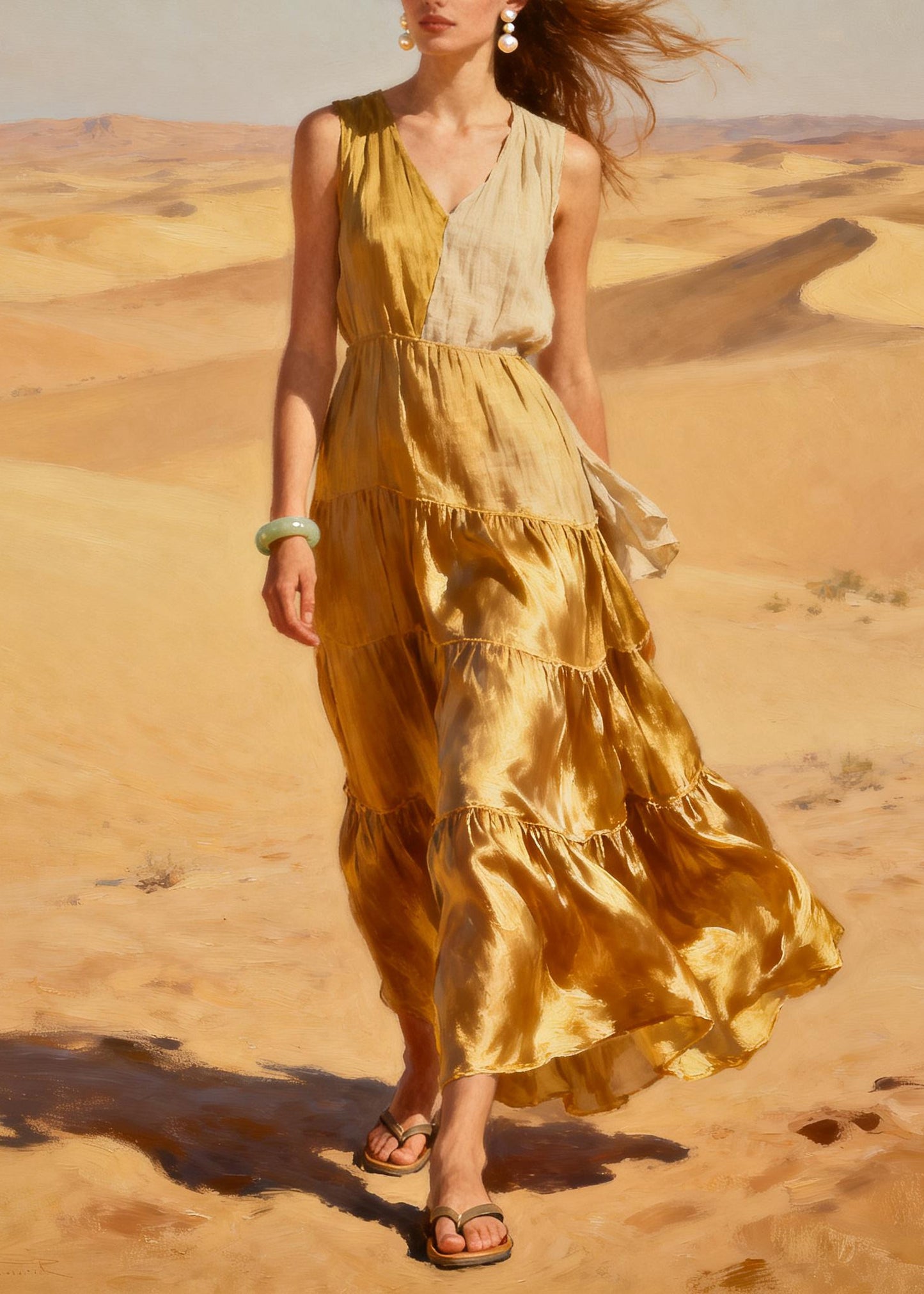 Bohemian Golden Asymmetrical Patchwork Exra Large Hem Chiffon Long Dress Summer