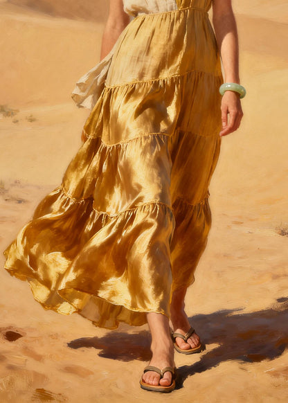 Bohemian Golden Asymmetrical Patchwork Exra Large Hem Chiffon Long Dress Summer