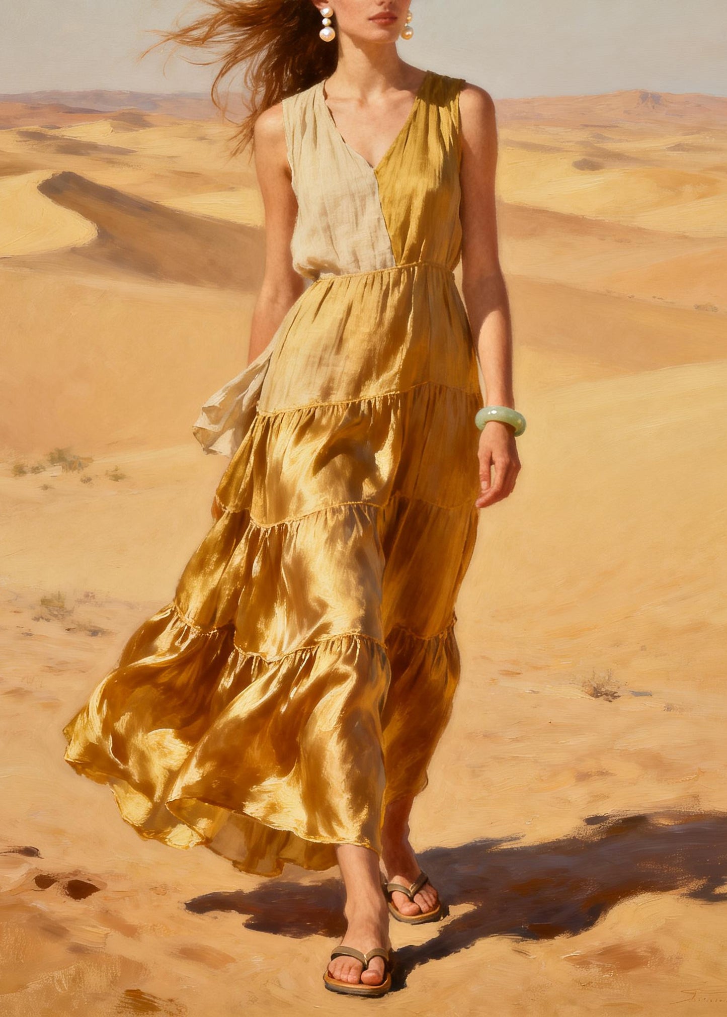Bohemian Golden Asymmetrical Patchwork Exra Large Hem Chiffon Long Dress Summer