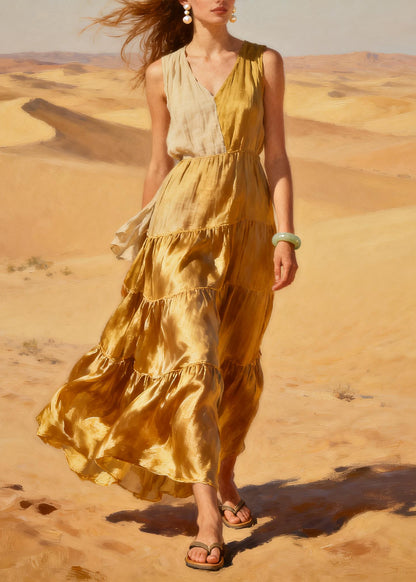 Bohemian Golden Asymmetrical Patchwork Exra Large Hem Chiffon Long Dress Summer