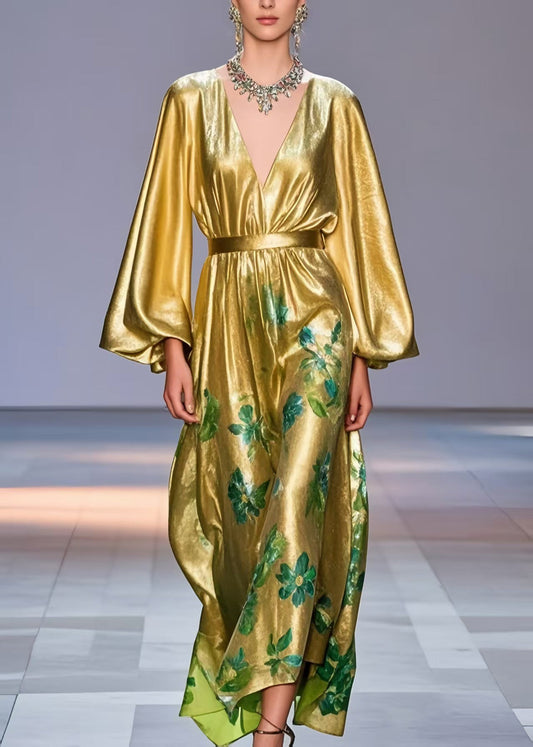 Bohemian Golden Cinched Print Silk Party Dress Lantern Sleeve