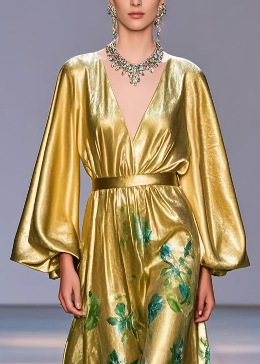 Bohemian Golden Cinched Print Silk Party Dress Lantern Sleeve