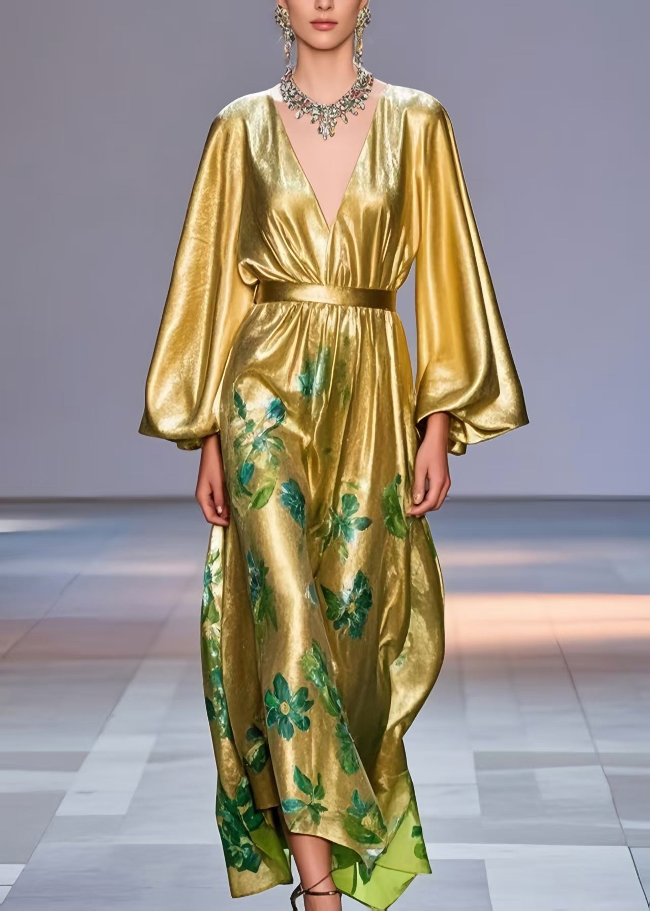 Bohemian Golden Cinched Print Silk Party Dress Lantern Sleeve