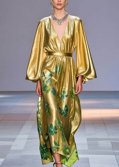 Bohemian Golden Cinched Print Silk Party Dress Lantern Sleeve