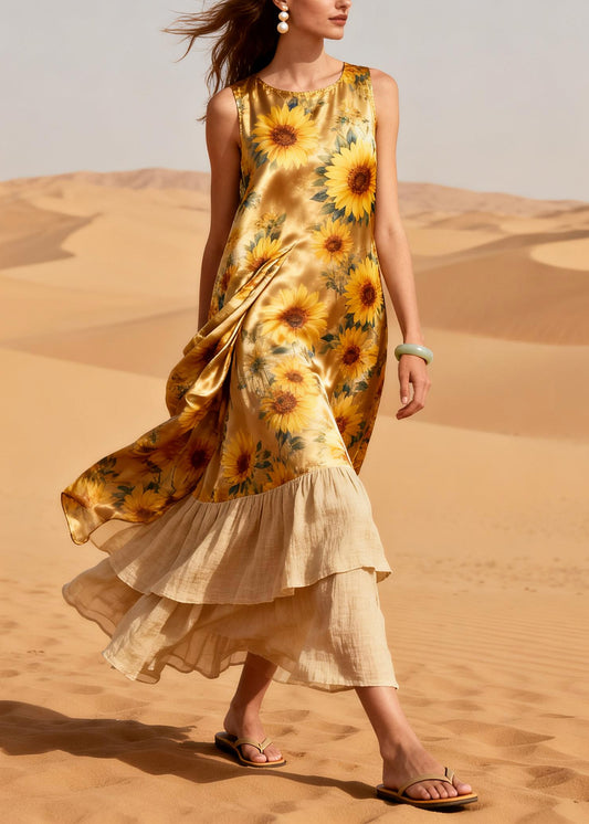 Bohemian Golden Daisy Patchwork Silk Vacation Dresses Summer