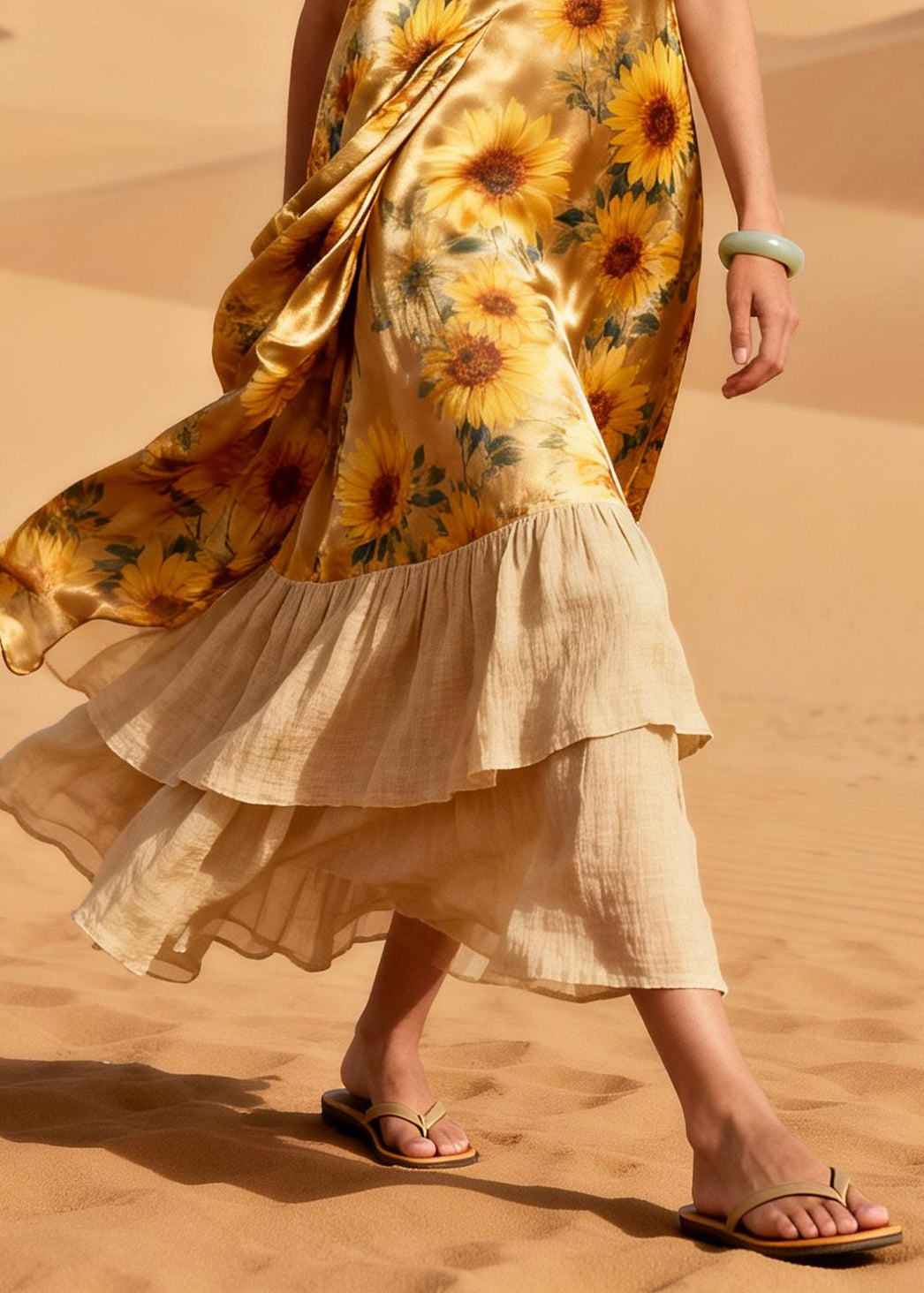 Bohemian Golden Daisy Patchwork Silk Vacation Dresses Summer