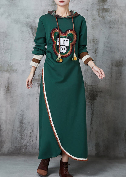 Bohemian Green Bear Sequins Patchwork Cotton Sweatshirt Dress Spring