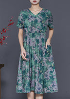 Bohemian Green Cinched Print Cotton Dress Summer