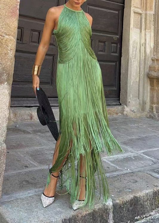 Bohemian Green Halter Tassel Vacation Dresses Sleeveless