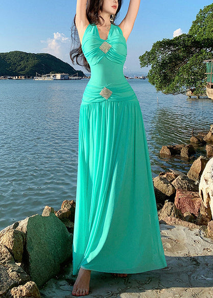 Bohemian Green Lace Up Cotton Long Dress Sleeveless