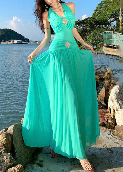 Bohemian Green Lace Up Cotton Long Dress Sleeveless