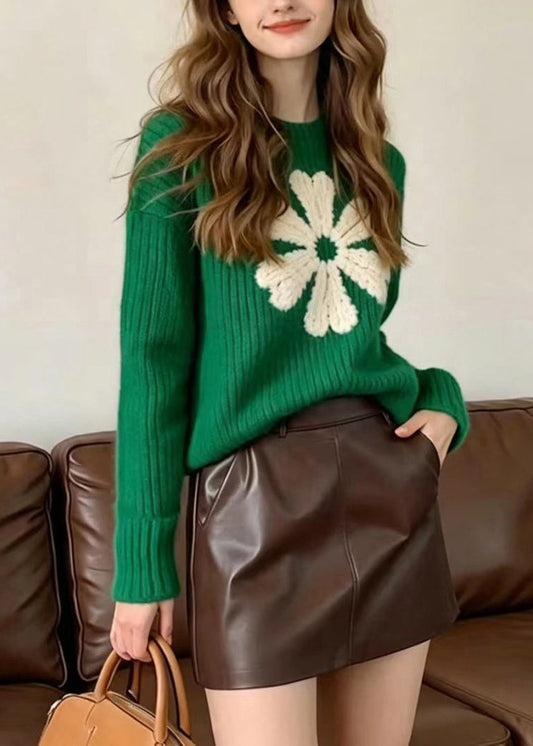 Bohemian Green O-Neck Jacquard Knit Sweater Fall