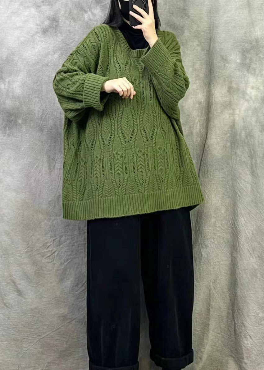 Bohemian Green Oversized O-Neck Knitted Tops Winter