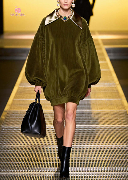 Bohemian Green Oversized Patchwork Corduroy Mini Dresses Fall