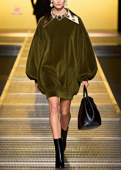 Bohemian Green Oversized Patchwork Corduroy Mini Dresses Fall