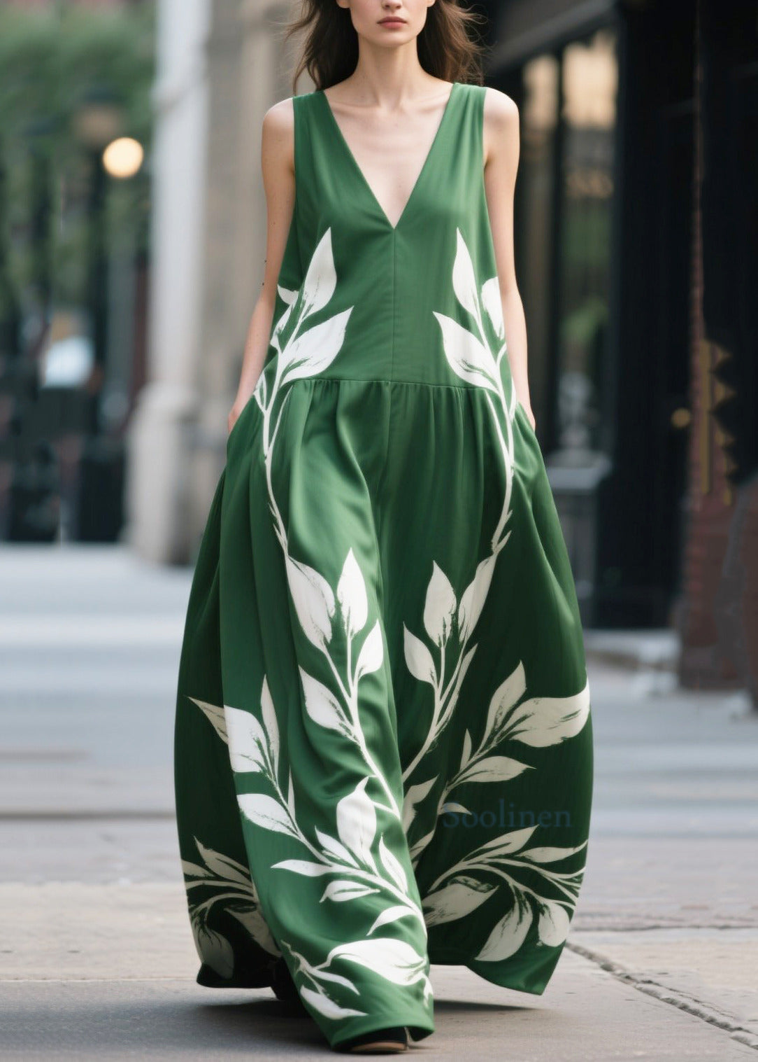 Bohemian Green Oversized Print Chiffon Maxi Dress Summer