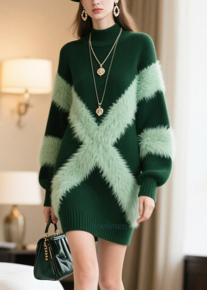 Bohemian Green Patchwork Faux Fur Knitwear Dress Winter