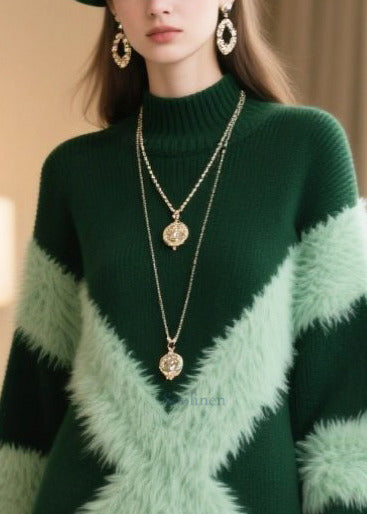 Bohemian Green Patchwork Faux Fur Knitwear Dress Winter