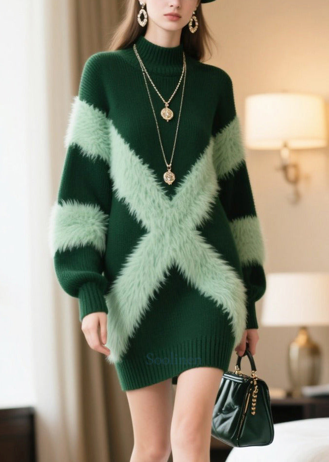 Bohemian Green Patchwork Faux Fur Knitwear Dress Winter