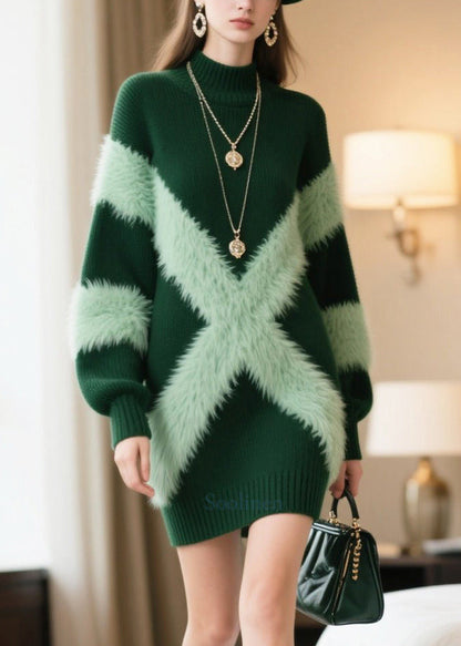 Bohemian Green Patchwork Faux Fur Knitwear Dress Winter