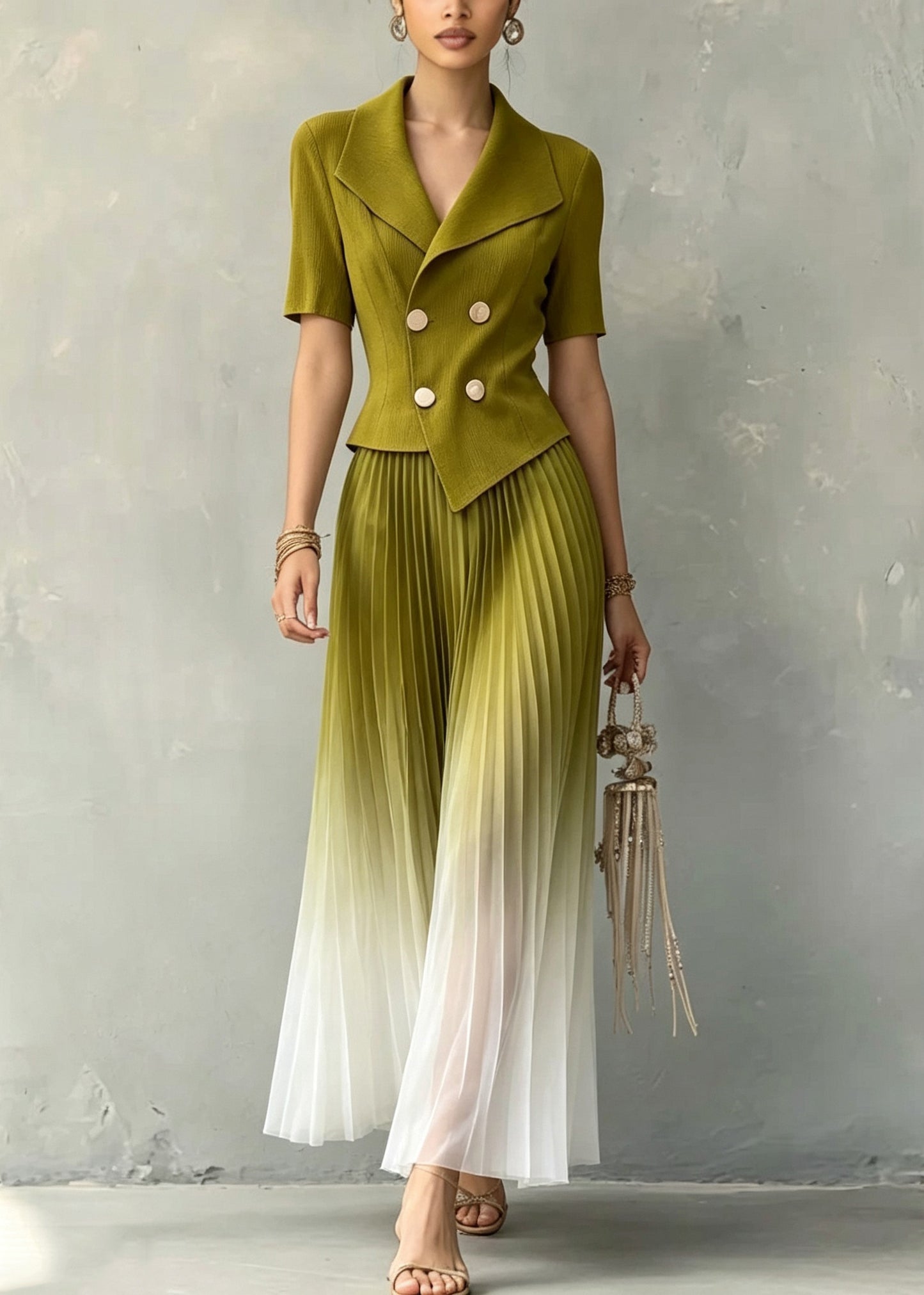 Bohemian Green Patchwork Gradient Color Long Dresses Short Sleeve