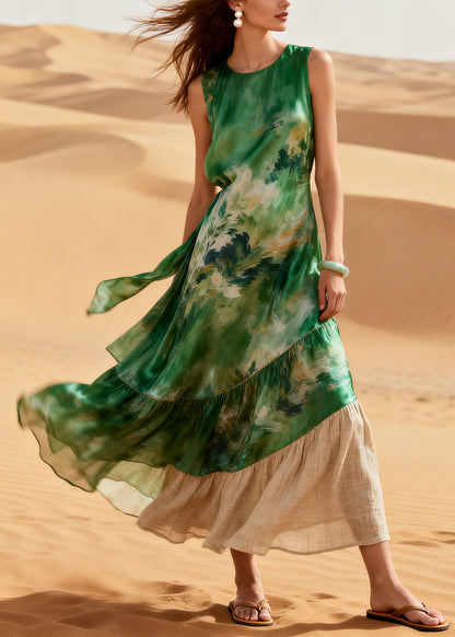 Bohemian Green Patchwork Linen Silk Maxi Dresses Summer