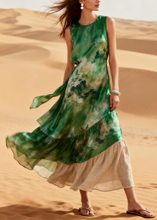 Bohemian Green Patchwork Linen Silk Maxi Dresses Summer