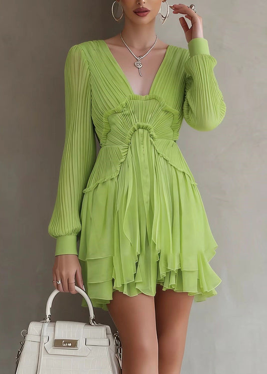 Bohemian Green Patchwork Wrinkled Solid Mid Dresses Lantern Sleeve