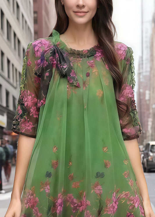 Bohemian Green Print Chiffon Vacation Dress Half Sleeve