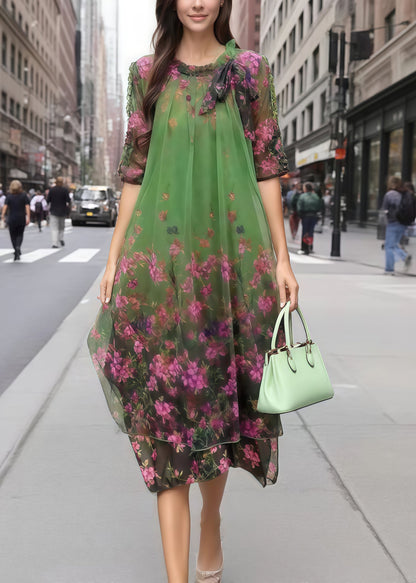 Bohemian Green Print Chiffon Vacation Dress Half Sleeve