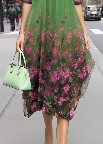 Bohemian Green Print Chiffon Vacation Dress Half Sleeve