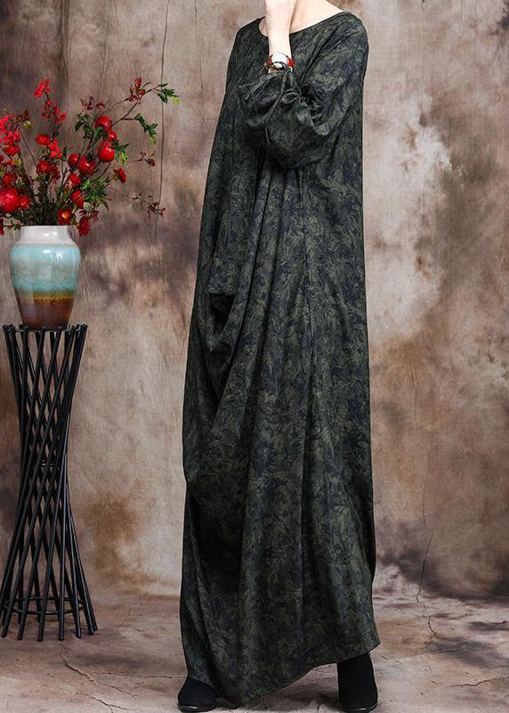 Bohemian Green Print O Neck Asymmetric Robes Dresses - SooLinen