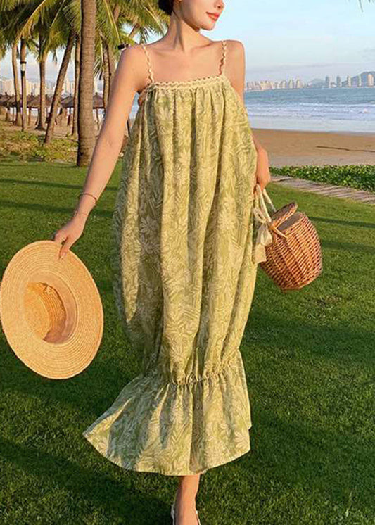 Bohemian Green Print Cotton Spaghetti Strap Dress Summer