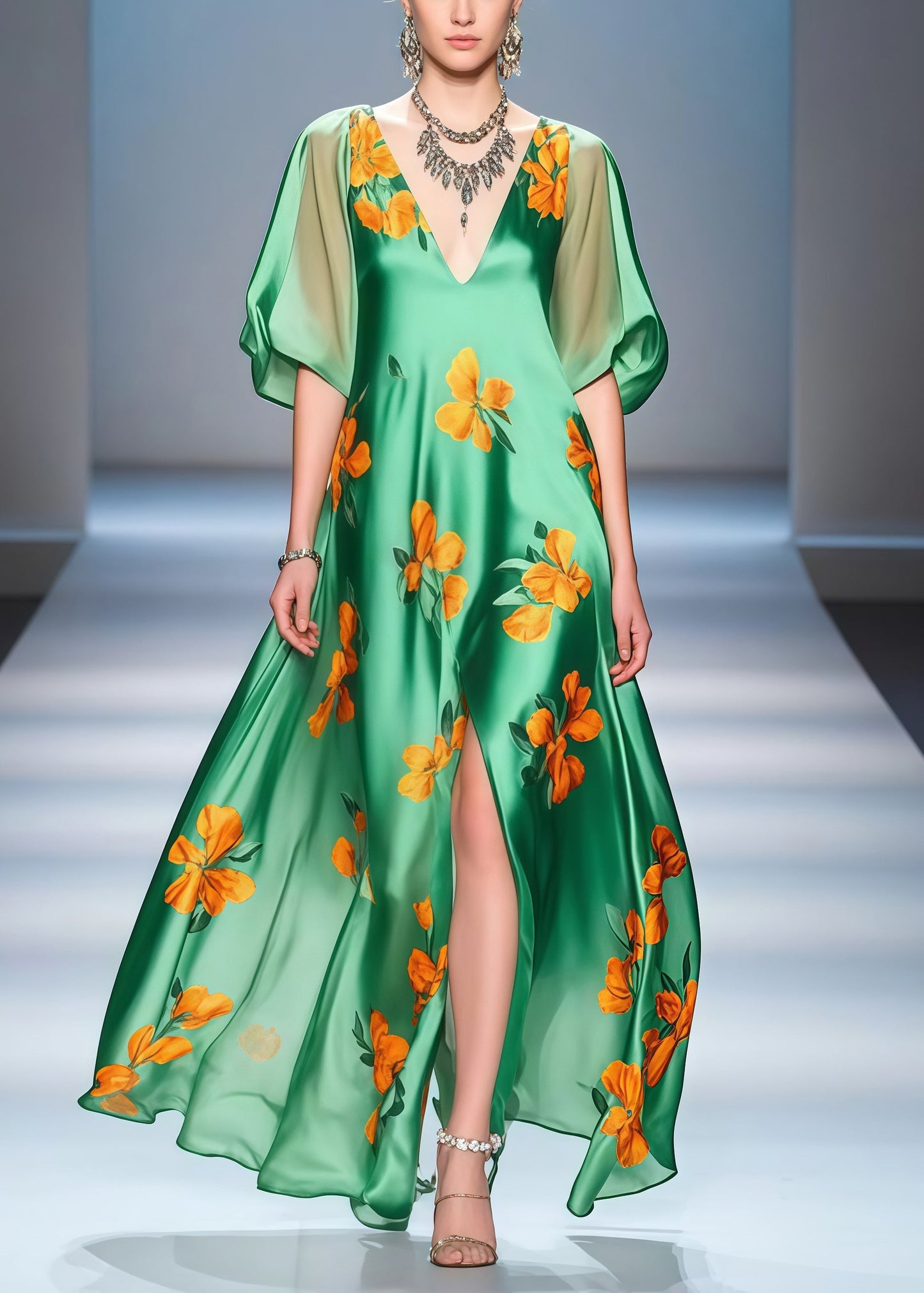 Bohemian Green Print Side Open Draping Silk Party Dress Summer
