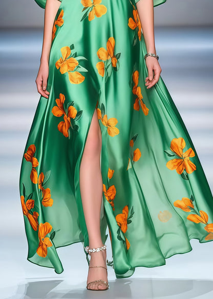 Bohemian Green Print Side Open Draping Silk Party Dress Summer