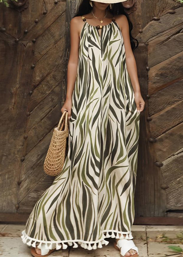Bohemian Green Print Tasseled Cotton Long Dresses Sleeveless