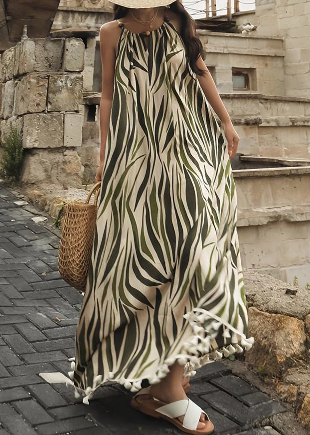 Bohemian Green Print Tasseled Cotton Long Dresses Sleeveless