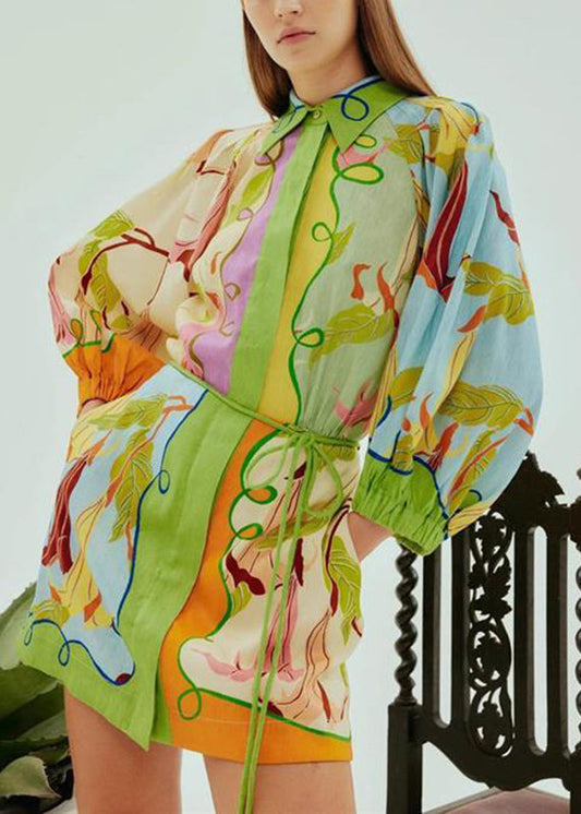 Bohemian Green Print Tie Waist Mid Dress Short Sleeve