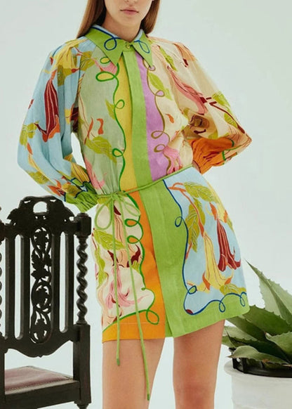 Bohemian Green Print Tie Waist Mid Dress Short Sleeve