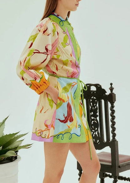 Bohemian Green Print Tie Waist Mid Dress Short Sleeve