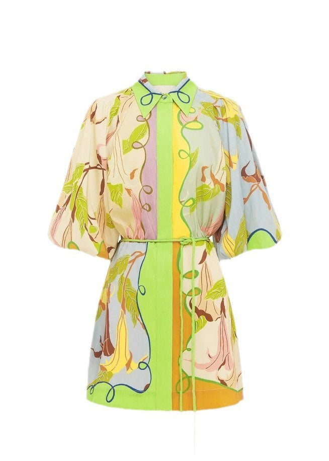 Bohemian Green Print Tie Waist Mid Dress Short Sleeve